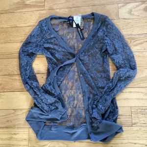Sheer button down, floral lace, pockets, NWT, size S